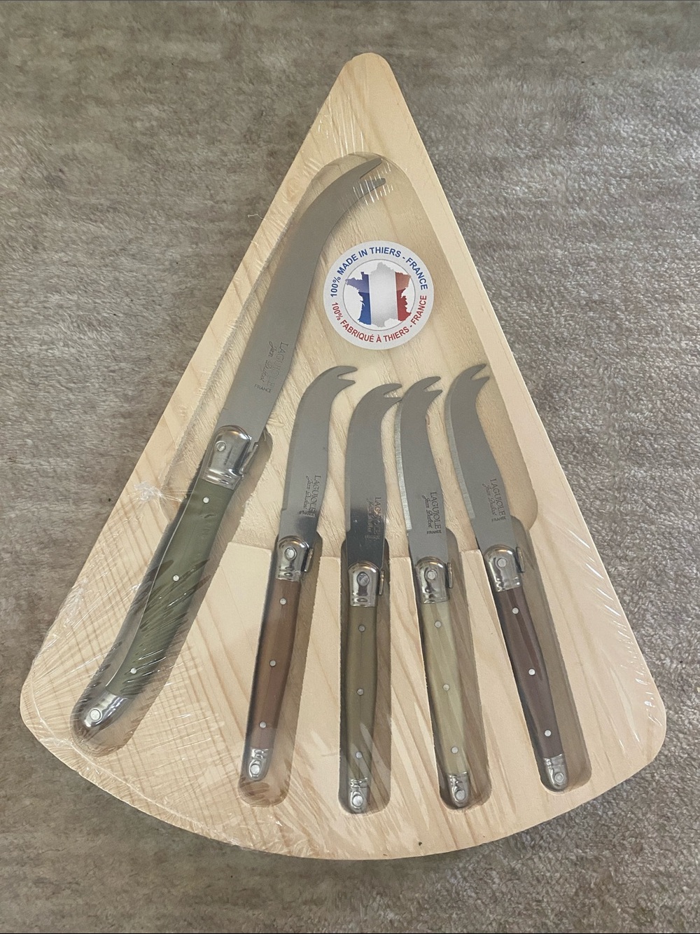 Stainless steel cheese knife set. Laquiole Jean Dubost France 5 piece set.